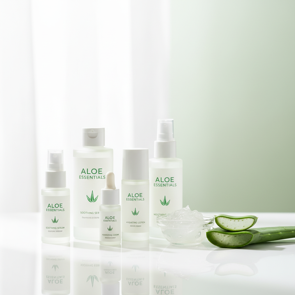 An elegant arrangement of premium aloe vera skincare products in frosted glass and white matte bottles, each labeled with minimalist green typography and a subtle aloe leaf icon. The products stand on a pristine white gloss surface, beside a small clear glass bowl filled with fresh aloe gel and a neatly sliced aloe leaf. Diffused daylight from a large unseen window creates soft reflections and crisp, natural highlights, reinforcing a sense of purity. The background is a smooth gradient from white to soft sage green, slightly out of focus. Photographed at eye level with balanced composition and sharp detail, conveying a professional, high-end, natural wellness aesthetic.